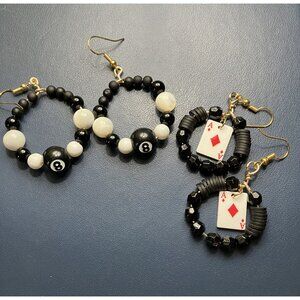 Beaded Dangle Black & White 8-Ball and Ace Card Earring Set  2 Pair Set